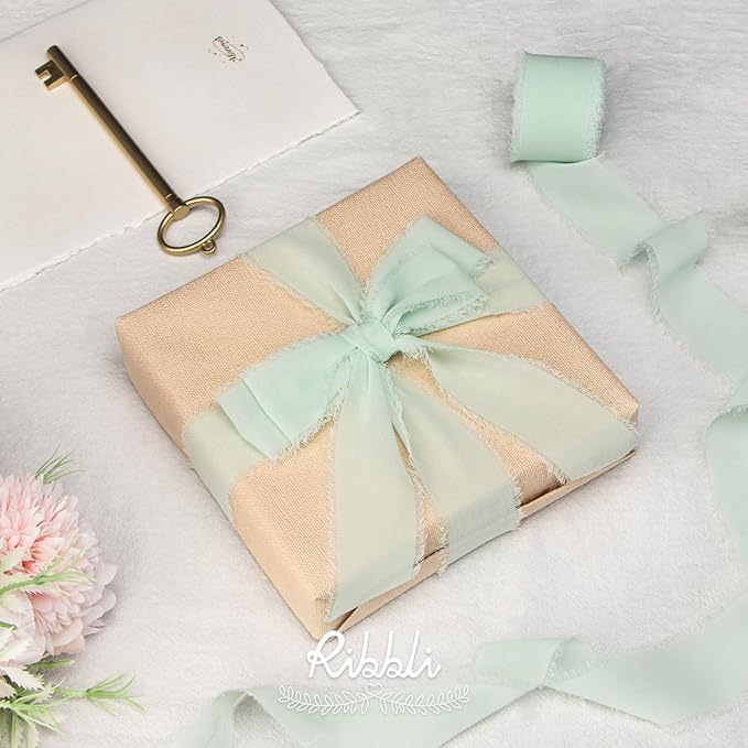 Ribbli Mint Green Chiffon Ribbon 1-1/2 inch x 20 Yard Handmade Fringe Chiffon Silk Ribbon, Mint for Wedding Invitations, Bridal Bouquets Wrapping, Flower Arrangement Decoration