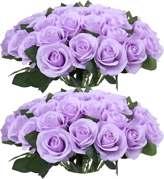 52pcs Lavender Roses Artificial Flowers Fake Flowers Silk Roses with Stems for DIY Wedding Bouquets Bridal Shower Centerpieces Arrangements Party Decorations