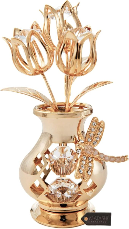 Matashi 24K Gold Plated Crystal Flower Vase with Dragonfly Figurine – Beautiful Home Décor – Ideal Christmas, Valentine’s for Women, Mom, or Friends