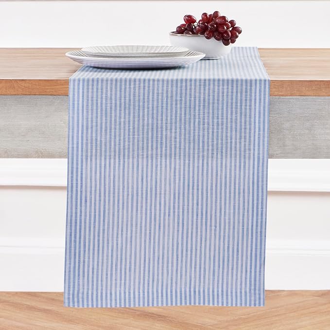 Solino Home Linen Table Runner 132 Inches Long - Narrow Stripe, 100% Pure Linen Cornflower Blue and White Farmhouse Table Runner 14 x 132 Inch for Dining, Winter, Spring, Easter