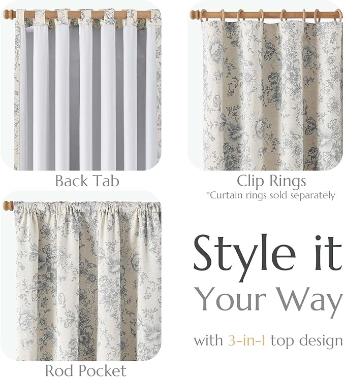 jinchan Blackout Linen Blend Curtain Grey Floral Blackout Curtains for Living Room 63 Inch Length Gray Printed with Lined Blackout Curtain for Bedroom Farmhouse Curtains Set 2 Panels