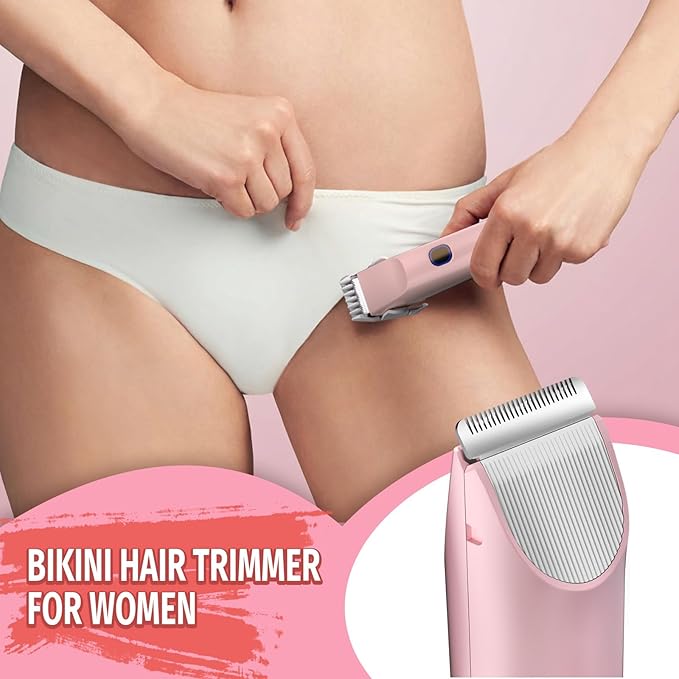 2-in-1 Bikini Trimmer for Women, Bikini Shaver with Dual Heads, Body and Facial Hair Removal, Cordless Rechargeable Electric Razors for Face Chin Pubic Underarm Legs, IPX7 Waterproof, Pink
