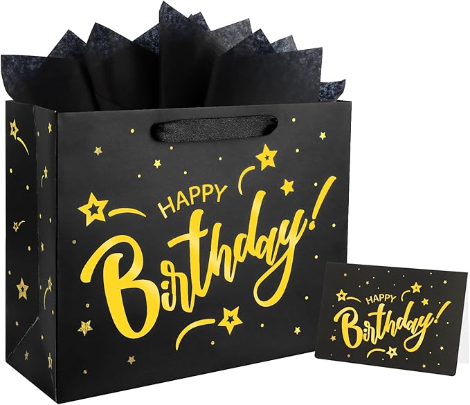 ASYEHJNR 13" Large Size Black Gold Birthday Gift Bag Twinkle Star with Metallic Gold Happy Birthday Sign Gift Bag with Greeting Card and Tissue Paper for Girls Boy Women Men Bday Supplies