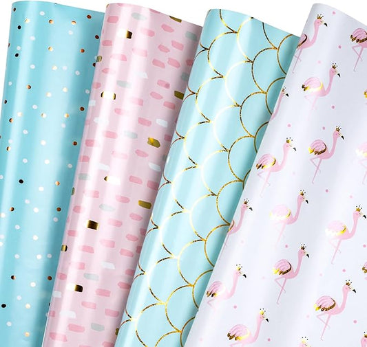 WRAPAHOLIC Wrapping Paper Sheet - 12 Sheets Flamingo/Mermaid/Polka Dot/Brushstroke Design Folded Flat for Birthday, Party, Baby Showers - 19.7 Inch X 30 Inch Per Sheet