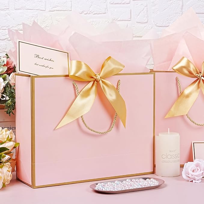 13” Pink Gift Bags, 2 PCS Light Pink Gift Bags with Handles Bow Ribbon, Large Gift Bag Set with Tissue Paper Greeting Card , Portable Paper Present Bag for Girls Women Birthday Wedding Baby Shower