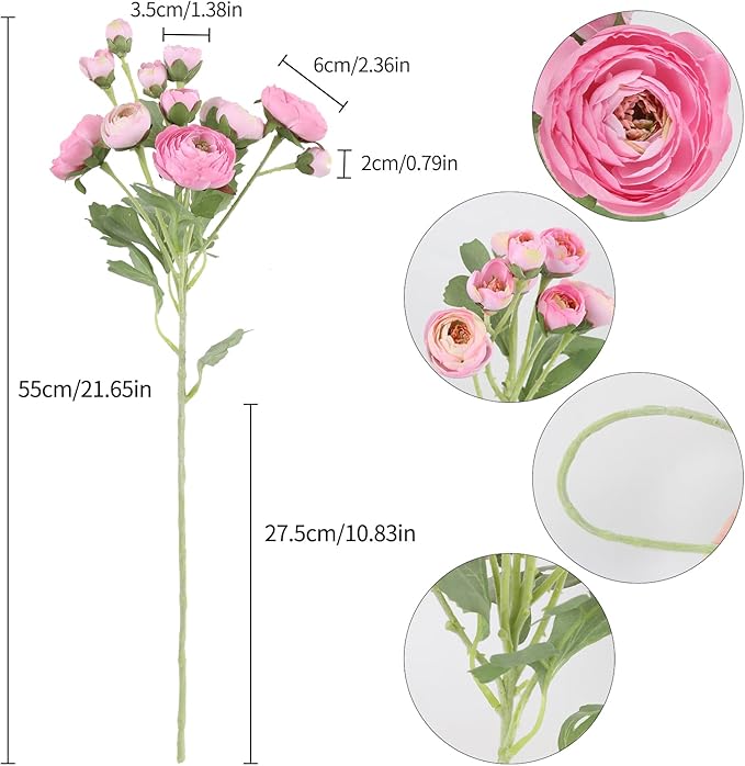 5PCS Pink Ranunculus Artificial Flowers Faux Silk Peonies Flowers with Real Touch Stems 21.65" Fake Flower Bulk for Bridal Bouquet Home Wedding Table Centerpieces Arrangements Decor (Pink)