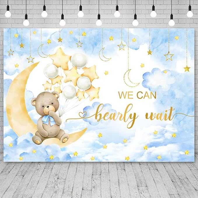 10x6.5ft Baby Shower Backdrop We Can Bearly Wait Photography Background Bear White Balloons Blue Clouds Moon Stars Cartoon Banner Decorations Birthday Party Newborn Portrait Photo Booth Prop