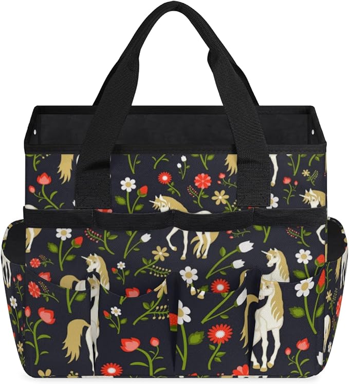 Garden Tool Tote Bag for Women Men Cartoon Horse Flowers Gardening Tool Storage Bags with 10 Pockets Standable Garden Home Tool Kits Organizer for Indoor Outdoor Gardening Gifts