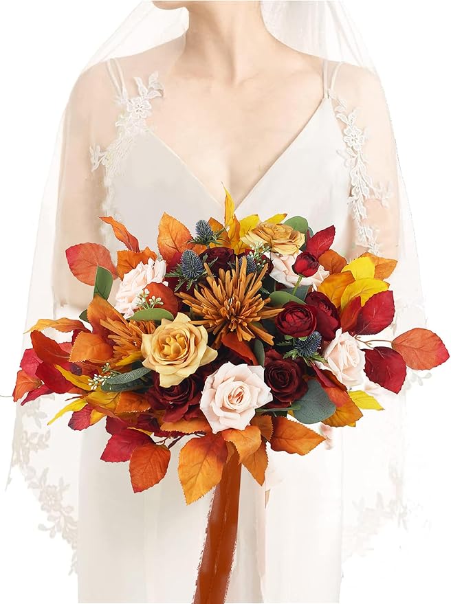Rinlong 16" Wide Fall Wedding Bouquets for Bride Burnt Orange Bridal Bouquet for Wedding Artificial Terracotta Bouquets Boho Flowers
