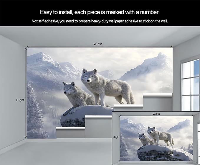 Arctic Wolves Wall Mural, Snow Wolves in Mountain 3D Wall Murals, Winter Wild Animal Wallpaper Mural, for Living Room Bedroom Large Wallpaper Indoor Decor 197" W x124.8 H