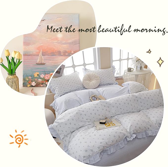 LifeTB Floral Lace Duvet Cover Queen Cute Blue Flower Duvet Cover Romantic Ruffle Comforter Cover Vintage Princess Lace Beddding Cover Botanical Floral Comforter Cover Cottagecore Bedding Set Queen