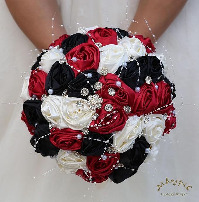 Bridal Wedding Bouquet Round Bling Brooch Bouquet Throw Toss Artificial Rose Flower Bunch for Bride Bridesmaid Wedding Quinceanera(Ruby Red, Black & Ivory, 8.7")