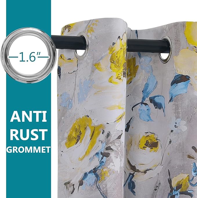 MYSKY HOME Floral Curtains 84 inches Length 2 Panels, Yellow and Grey Curtains for Living Room/Bedroom, Thermal Insulated Light Blocking Grommet VintageDrapes for Dining Room, 52 x 84 Inch,