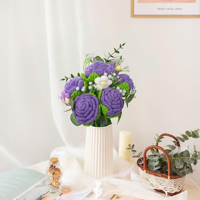 Crochet Flowers Bouquet, Handmade Knitted Rose Bouquet with Gift Bag for Home Deocor, Crocheted Finished Flower for Wedding, Mother's Day, Teachers' Day and Valentine's Day, Purple