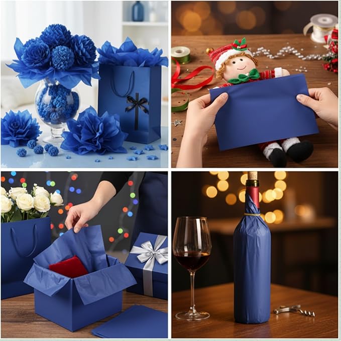 Qilery 500 Sheets Navy Blue Tissue Paper Bulk for Gift Bags 15 x 20 Inch Acid Free Packaging Wrapping Paper Sheets for Winter Hanukkah Christmas Decor DIY Crafts, Birthday Party, Shipping Packing
