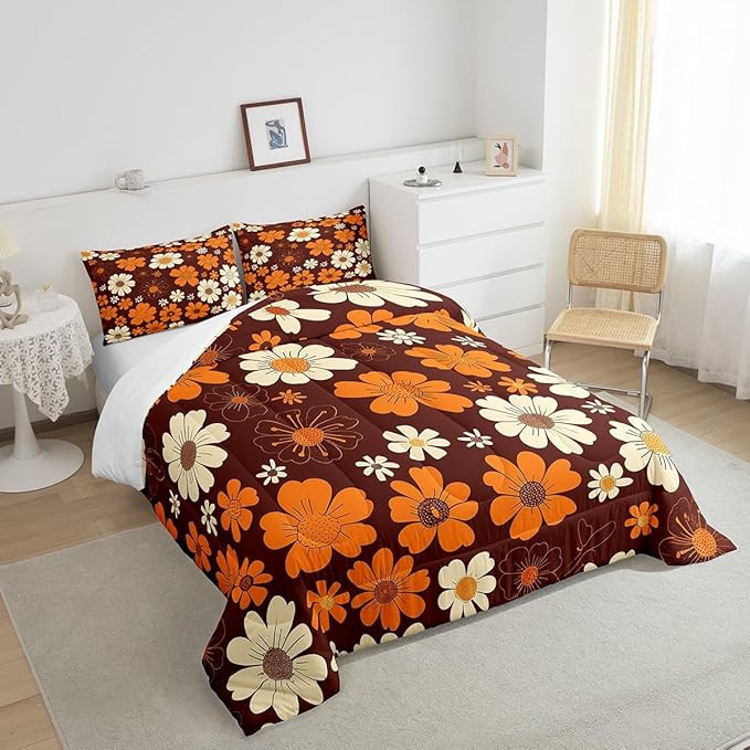 70s Groovy Flowers Comforter Set Full Size,Hippie Retro Farmhouse Plant Bedding Comforters Room Decor,Brown White Yellow Floral Quilt Set with 2 Pillowcases,Teens Present