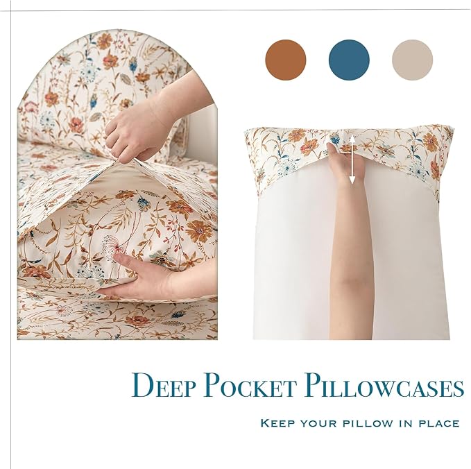 Zusbest Queen Sheets Set 100% Percale Cotton - Boho Floral Botanical Printed Bedding with Deep Pocket 17.5'', Vintage Burnt Orange & Teal Design, 4-Piece Soft Breathable Sheets