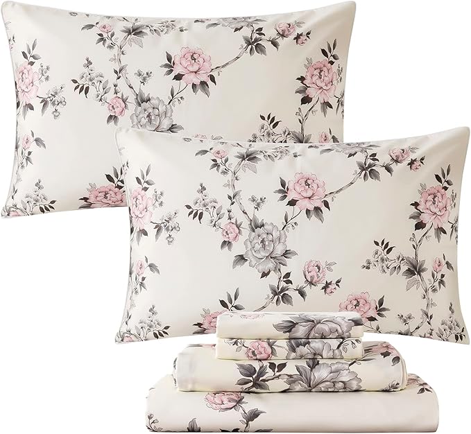 FADFAY Floral Sheets Set Queen Vintage Rose Floral Bedding Shabby Grey and Pink Peony Printed Sheets Farmhouse Bedding 800 Thread Count 100% Egyptian Cotton Deep Pocket Fitted Sheet 4Pcs, Queen Size