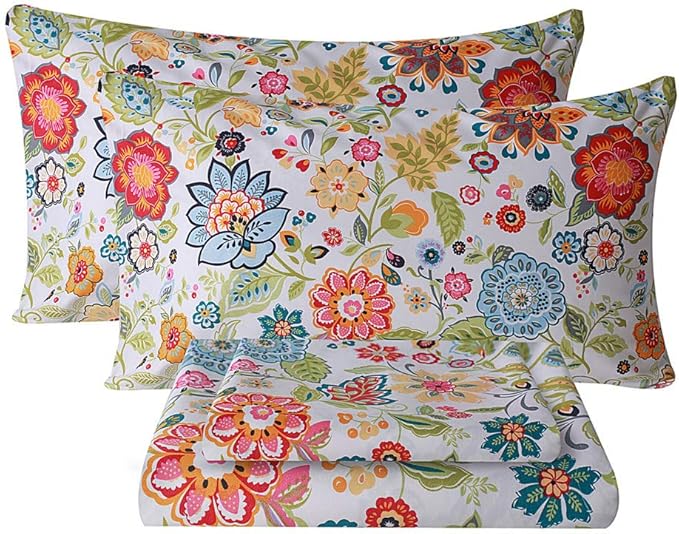 Bedlifes King Sheet Set Ultra Soft, Breathable, Silky Flower Deep Pocket 100% Microfiber Bedding, 4 Piece King Size with Floral Spring Design