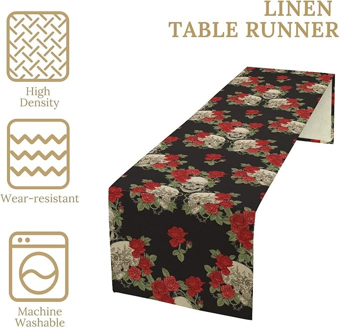 Gothic Table Runner,Red Rose Skull Print Table Runner for Home Kitchen Table Dining Garden Farmhouse Wedding Party Decor 13x60 Inch