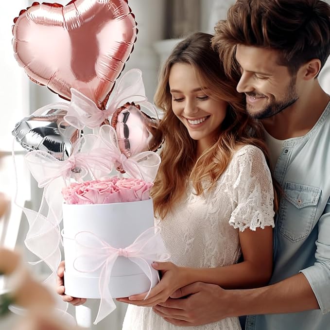 Pink Preserved Roses in Box 7 Preserved Forever Flower in a Round Box Last 1-3 Years with Heart Balloon Christmas Surprise Gift for Women Loved One Mom Valentines Anniversaries Need Assembly