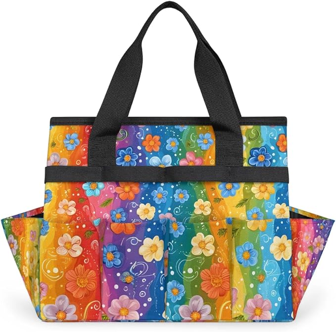 Garden Tool Bag Organizer Garden Tote Bag with Pockets Rainbow Small Flowers Tool Storage Organizer Gardening Tool Kit Holder 13" x 6.8" x 2.8"