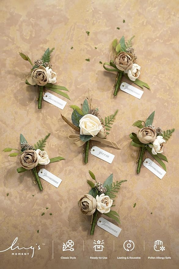 Ling's moment Boutonniere for Men, 6pcs Groom Groomsmen Boutonniere, Artificial Flowers for Wedding Decor/Prom/Homecoming, etc.Brown