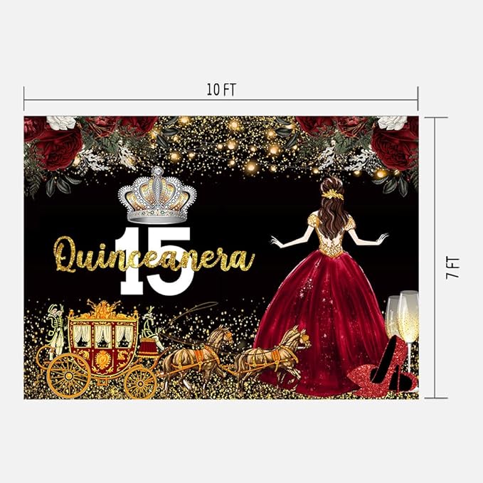 Red Dress Rose Flower Backdrops Quinceanera Birthday Backdrop for Girl Princess Happy 15th Bday Carriage Photography Props Cake Table Banner 10x7FT BJLSLU310
