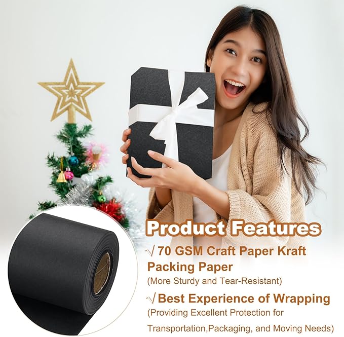 PATIKIL Wrapping Paper, 20" x 600"(49') 70 GSM Craft Paper Roll Kraft Packing Paper for Poster Bulletin Board, Gift Wrapping, Black