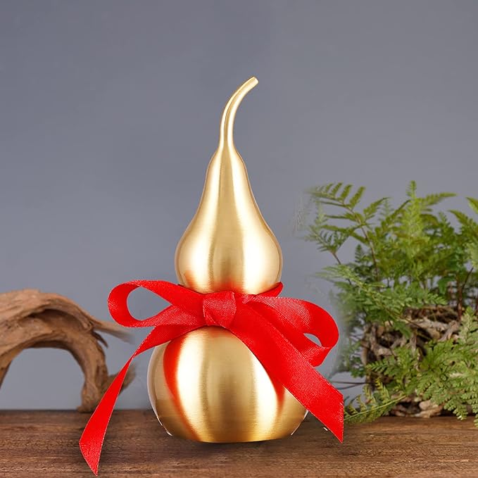 Feng Shui Decor Statue,Wu Lou Brass Gourd,with Red Luck Strip for Ideal Home Decoration,Collectible Figure Charm Amulet,6.36inch Tall,Full Brass,Hu Lu Bring Good Luck,Healthy,Wealth