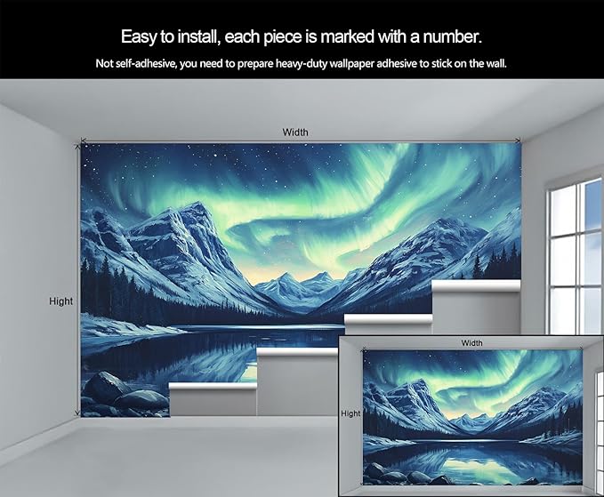 Northern Lights Mountain Wall Mural, Aurora Borealis Lake 3D Wall Murals, Snowy Peaks Starry Sky Wallpaper Mural, for Living Room Bedroom Large Wallpaper Indoor Decor 197" W x124.8 H