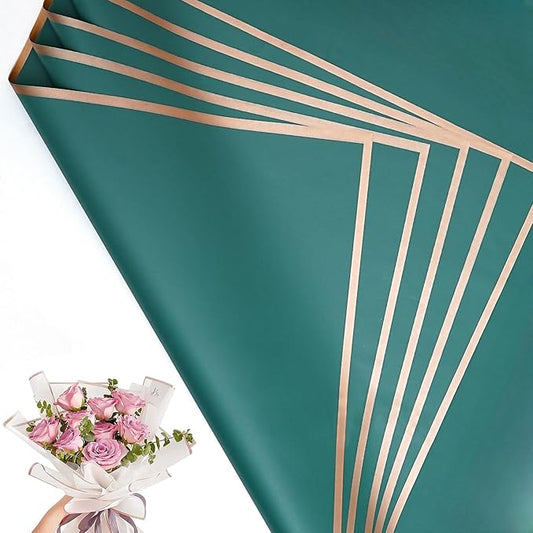 30 Sheets Emerald Green Gold Edge Flower Bouquet Wrapping Paper，Florist Supplies Waterproof Floral Bouquet Wrapping Paper Bouquet Accessorie，Flower Shop Packaging Pape for DIY Gift Wedding Birthday