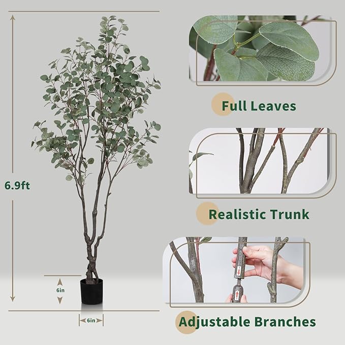 6.9ft Tall Artificial Eucalyptus Trees, Realistic Eucalyptus Tree with Sturdy Plastic Pot, Artificial Plants Tree for Home Office Indoor Outdoor Party Wedding Christmas Decor