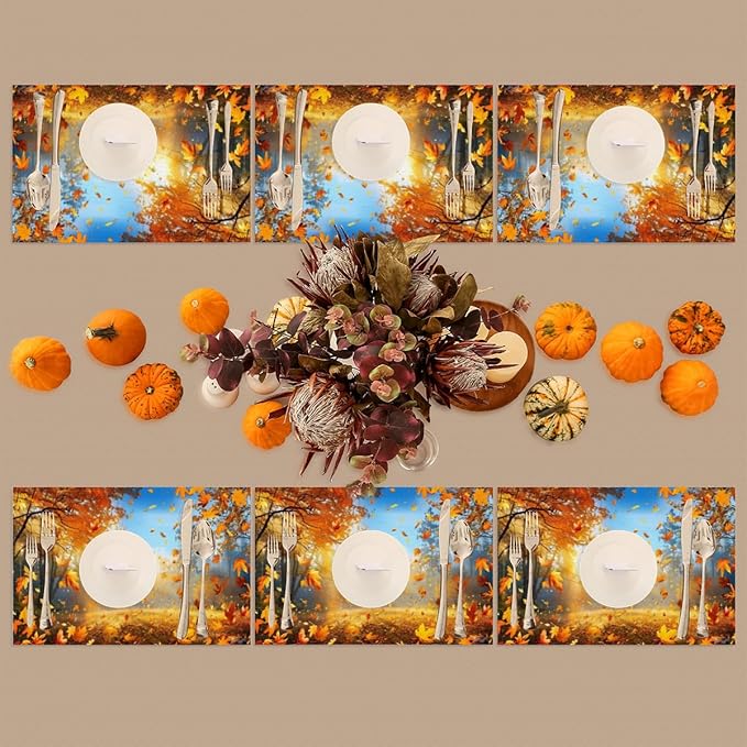 Forest Tree Fall Leaf Placemats Set of 6 PVC Vinyl Non Slip Table Mats Heat Resistant Place Mats Washable Wipeable Dining Table Mat for Kitchen Decor Party Indoor Outdoor Decorative Gift