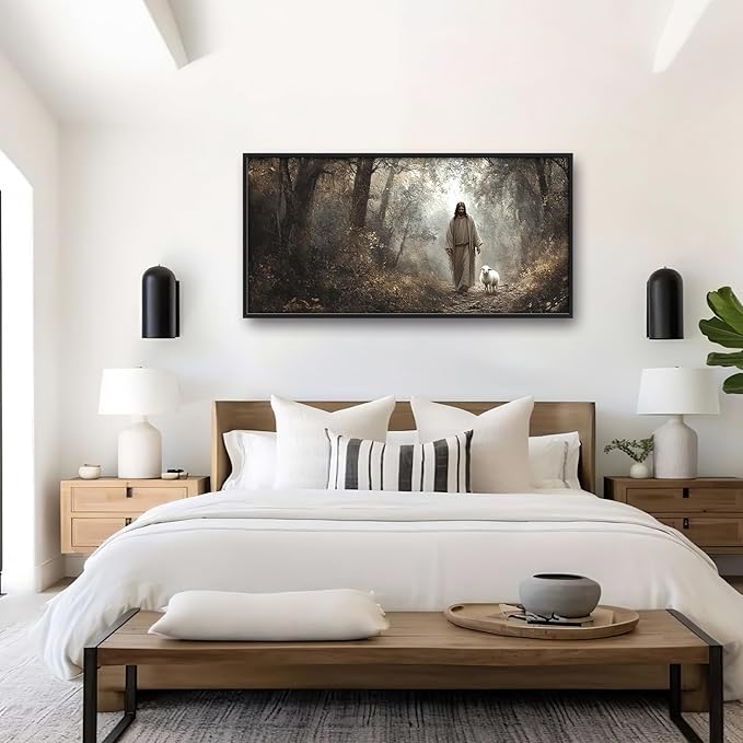 Vintage Christian Large Wall Art Framed Religious Wall Decor for Living Room Jesus Lamb Pictures Oversized Canvas Print Painting Modern Extra Large Artwork for Bedroom Office 60"x30"