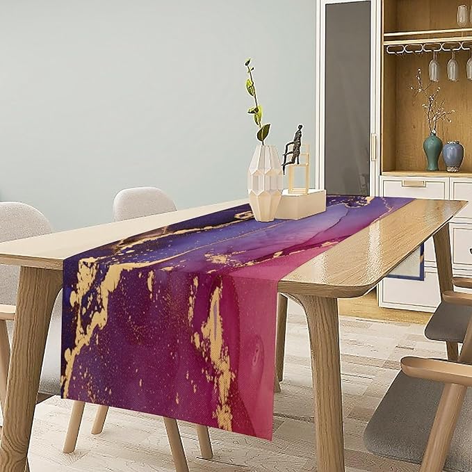 Purple Marble Table Runner Natural Abstract Luxury Ink Texture Gold Veins Red Printing Seasonal Dinner Runner Table Decoration for Farmhouse Home Kitchen Dining Holiday Party 13x120in