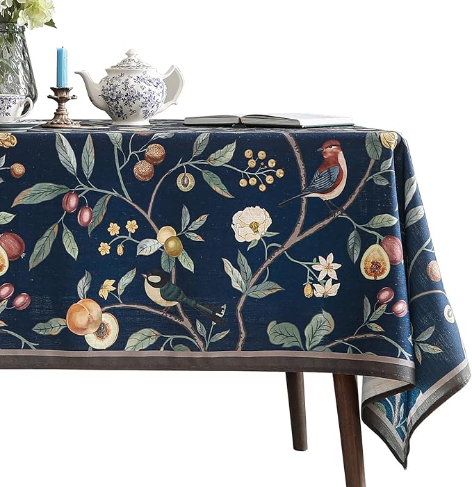 Linen Square Blue Tablecloth,Wrinkle Resistant French Vintage Tablecloth Print with Foral,Decor Table Cloth for Thanksgiving,Dining Room,Home,Kitchen 55" × 55"-DeweyA Blue
