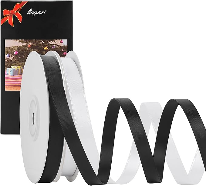 LIUYAXI 2 Rolls Black & White Double Faced Stain Ribbon,Total 50 Yards,3/8 Inch x Continuous 25 Yards Each Rolls, Crafts Ribbon use for Bows Bouquet, Gift Wrapping, Chirstmas,Floral Arrangement