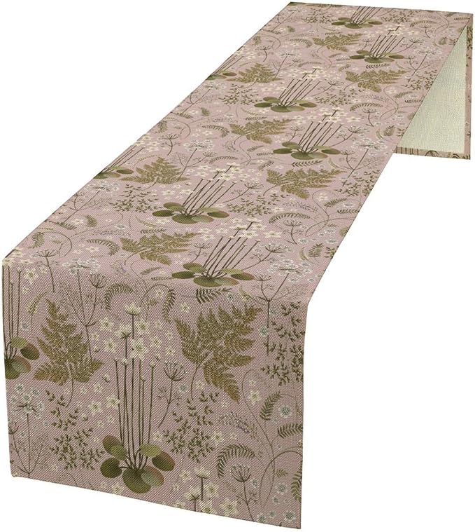Spring Floral Table Runner, Rustic Retro Field Herbal Plant Purple Pink Wildflower Country Natural Floral Fern Print Table Cover for Indoor Outdoor Dinner Party Decor, 13x36inch
