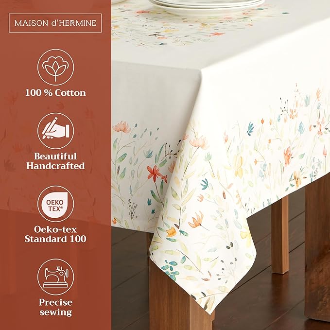 Maison d' Hermine Table Cloth Rectangle Table 100% Cotton 70 x 140 Inches Tablecloth Reusable Decorative Everyday Use for Dining Room, Farmhouse, Home, Party, Festive & Wedding Spring Summer - Colmar