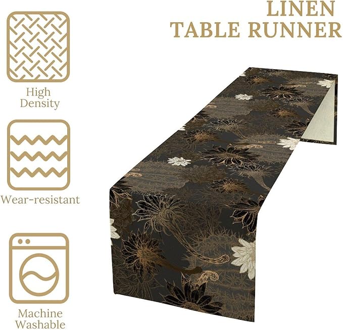 Vintage Floral Table Runner,Black Gold Floral Art Print Table Runner for Home Kitchen Table Dining Indoor Outdoor Party Decor 13x60 Inch