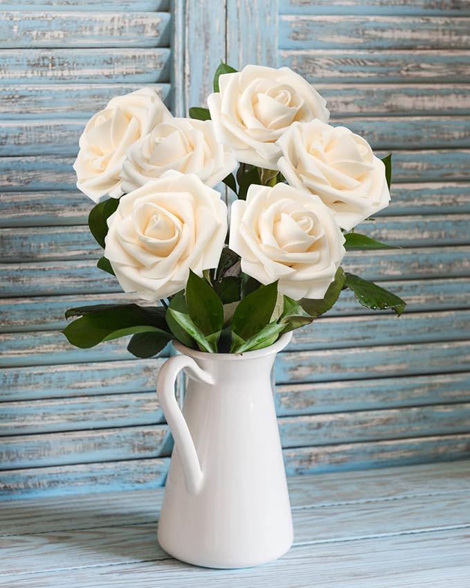 JOYLEX Artificial Flowers Realistic Roses, 100pcs Real Looking Fake Roses with Stem for DIY Wedding Bouquets Centerpieces Bridal Shower Party Home Romantic Decorations (Champagne)