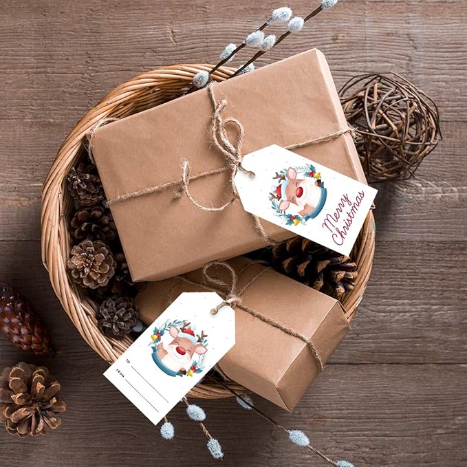 Andaz Press Christmas Holiday Season Classic Gift Tags, Merry Christmas to from Classic Favor Tags, Happy Reindeer with Santa Hat Design, for Holiday Events, Parties, and Favors, 60-Pack