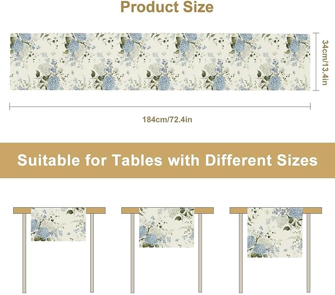 Blue Floral Table Runner, Spring Summer Watercolor Hydrangea Flower Butterfly Country Farmhouse Coffee Table Center Decor for Home Kitchen Dining Patio Holiday Party Table Decorations 13x108 inches