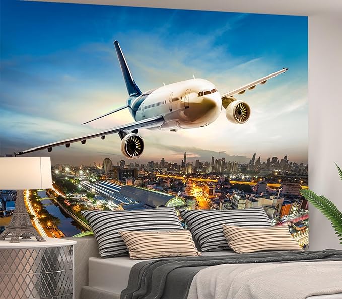 Cliouar-Airplane Flying Over The Night City Wall Mural Wallpaper Peel and Stick 137" x 102"