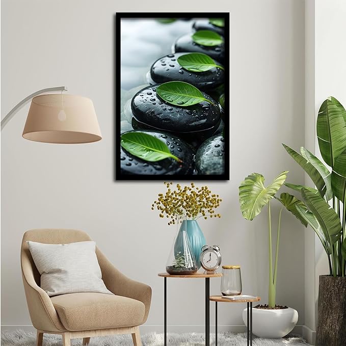 Glittering black stone cluster with fresh green leaves and water drops poster tranquil mist rain wall art zen wall art suitable for modern minimalist home decor 20x30in Metal blackFramed
