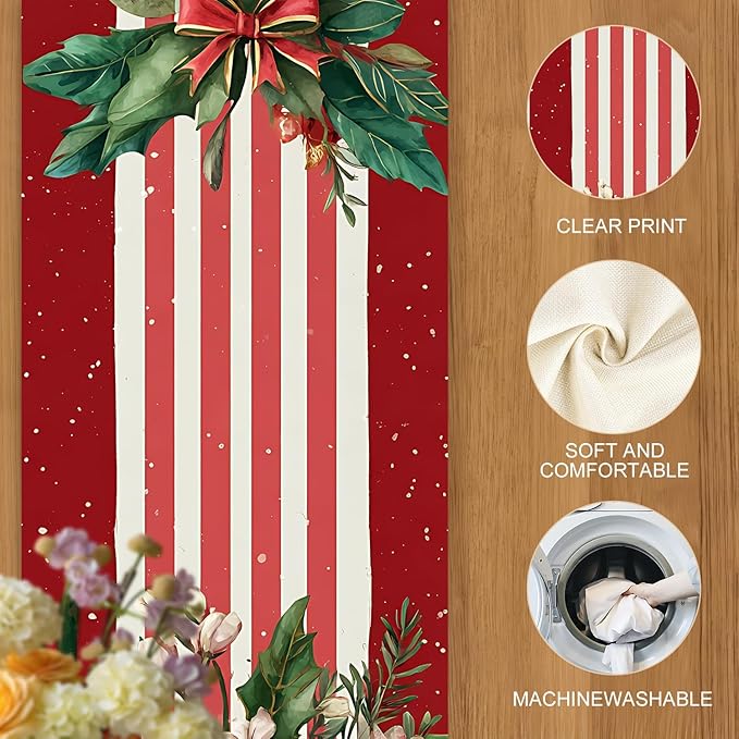 Christmas Table Runner– Elegant Merry Christmas Design with Golden Bell, Greenery & Red Bow, Festive Holiday Table Decoration for Dining Table, Kitchen & Home Décor