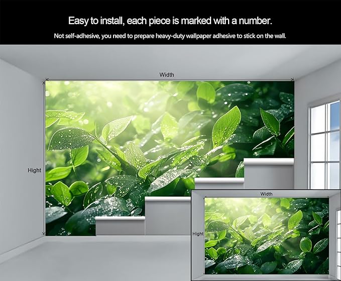 Dewdrops Green Leaf Wall Mural, Botanical Forest Sunlight 3D Wall Murals, Refreshing Nature Wallpaper Mural, for Living Room Bedroom Large Wallpaper Indoor Decor 169.3" W x118.2 H