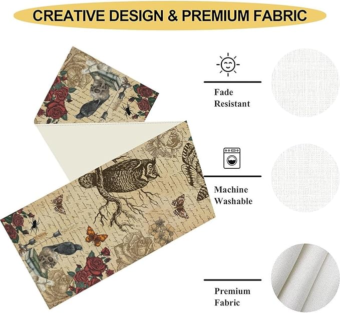 Gothic Floral Table Runner, Retro Dark Skull Moth Vintage Flower Halloween Day of Death Witchy Coffee Table Center Decor for Home Kitchen Dining Patio Holiday Party Table Decorations 13x72 inches