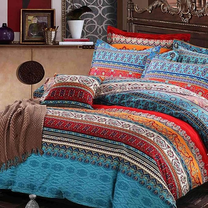 Bohemian King Comforter Set - Soft Chic 3 Piece Bedding, Lightweight Exotic Red Teal Mandala Colorful Vintage Bed Set for All Seasons (King, Boho)